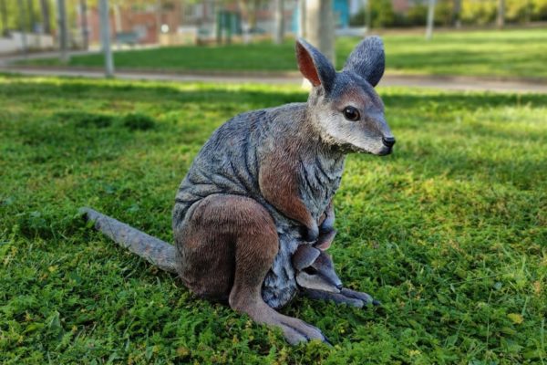 Figura de canguro, Wallaby de Tammar, Macropus eugenii a tamaño natural y acabado realista. Porta una cría en el marsupio.